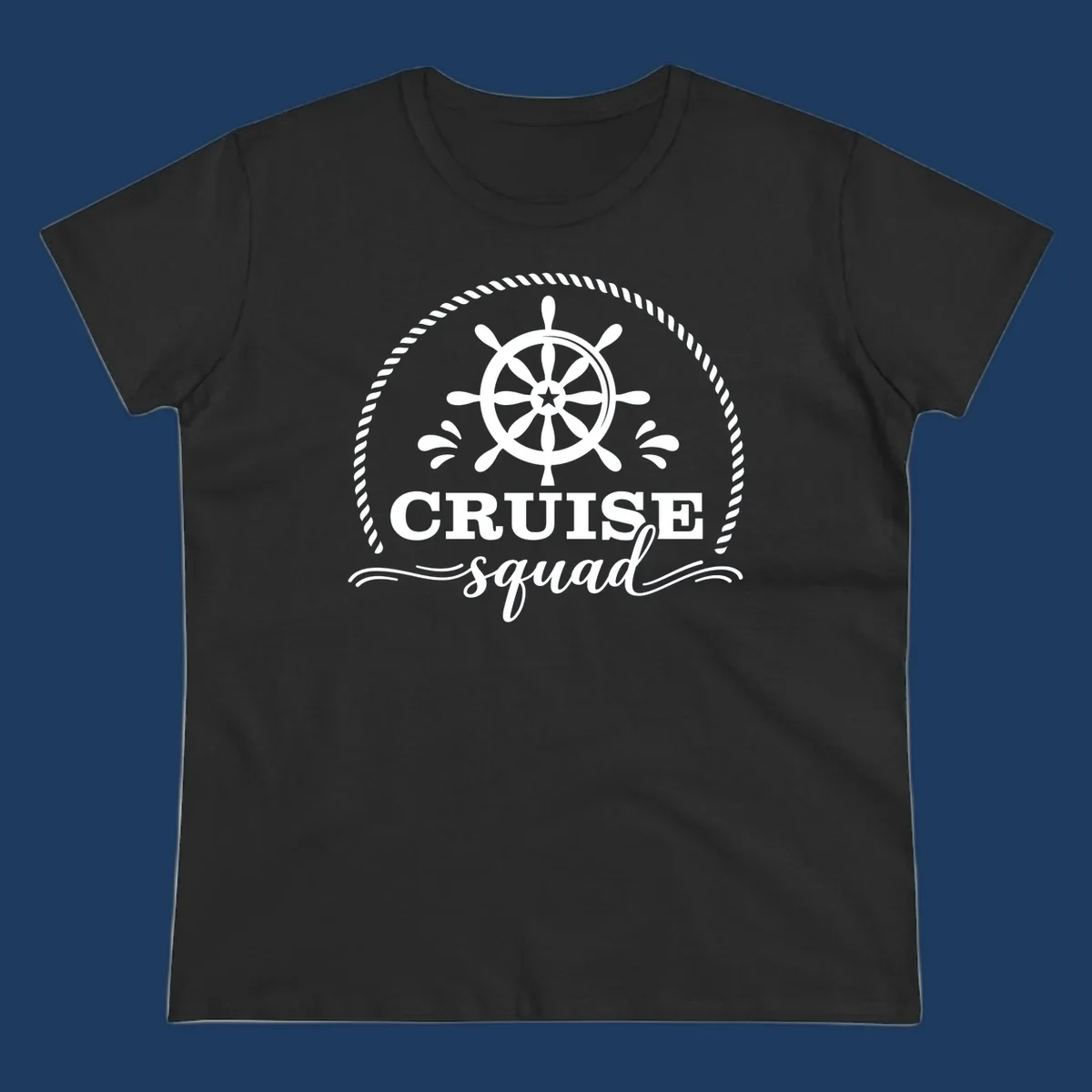 Cruise squad nautical badge with ship's wheel, rope border, and water splashes on gray background