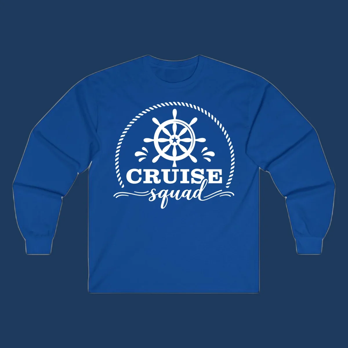 Cruise squad nautical badge with ship's wheel, rope border, and water splashes on gray background