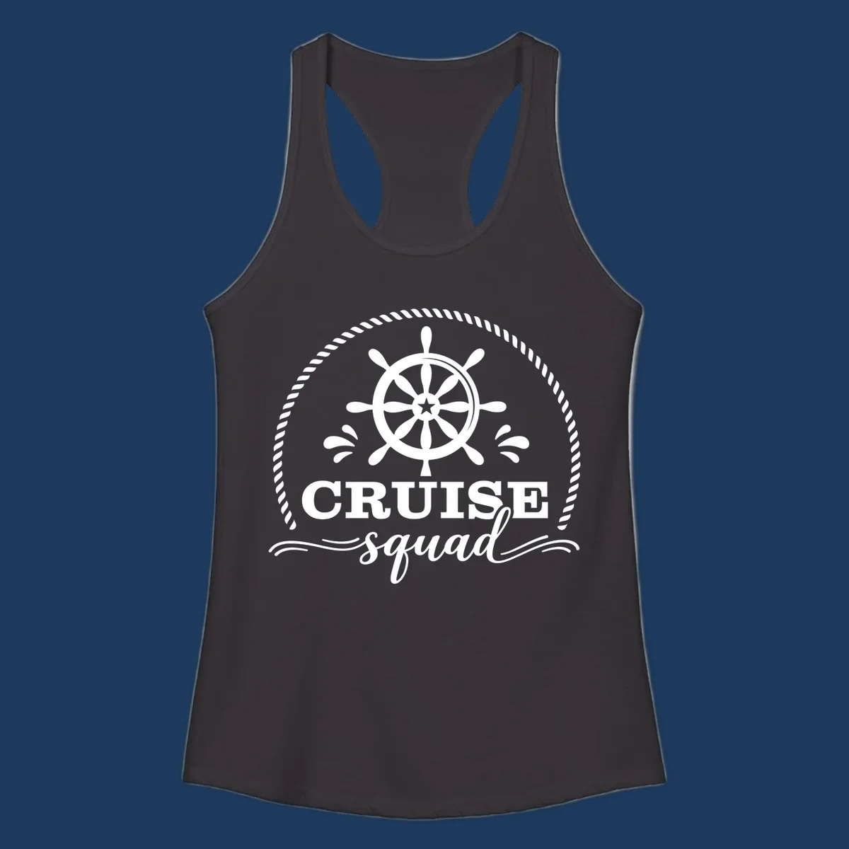 Cruise squad nautical badge with ship's wheel, rope border, and water splashes on gray background