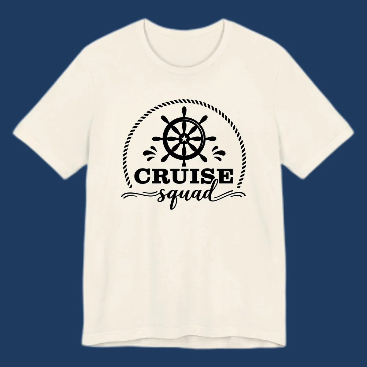 Cruise squad nautical badge with ship's wheel, rope border, and water splashes on gray background