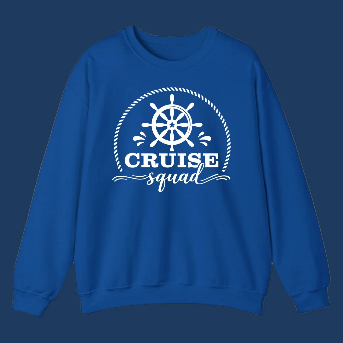 Cruise squad nautical badge with ship's wheel, rope border, and water splashes on gray background