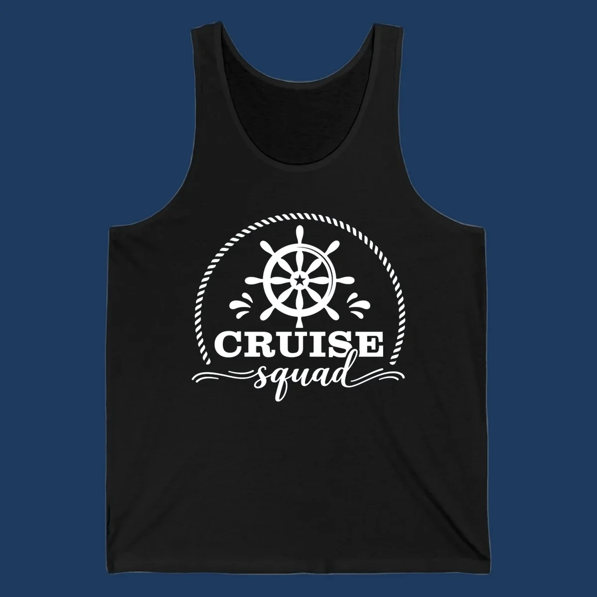 Cruise squad nautical badge with ship's wheel, rope border, and water splashes on gray background