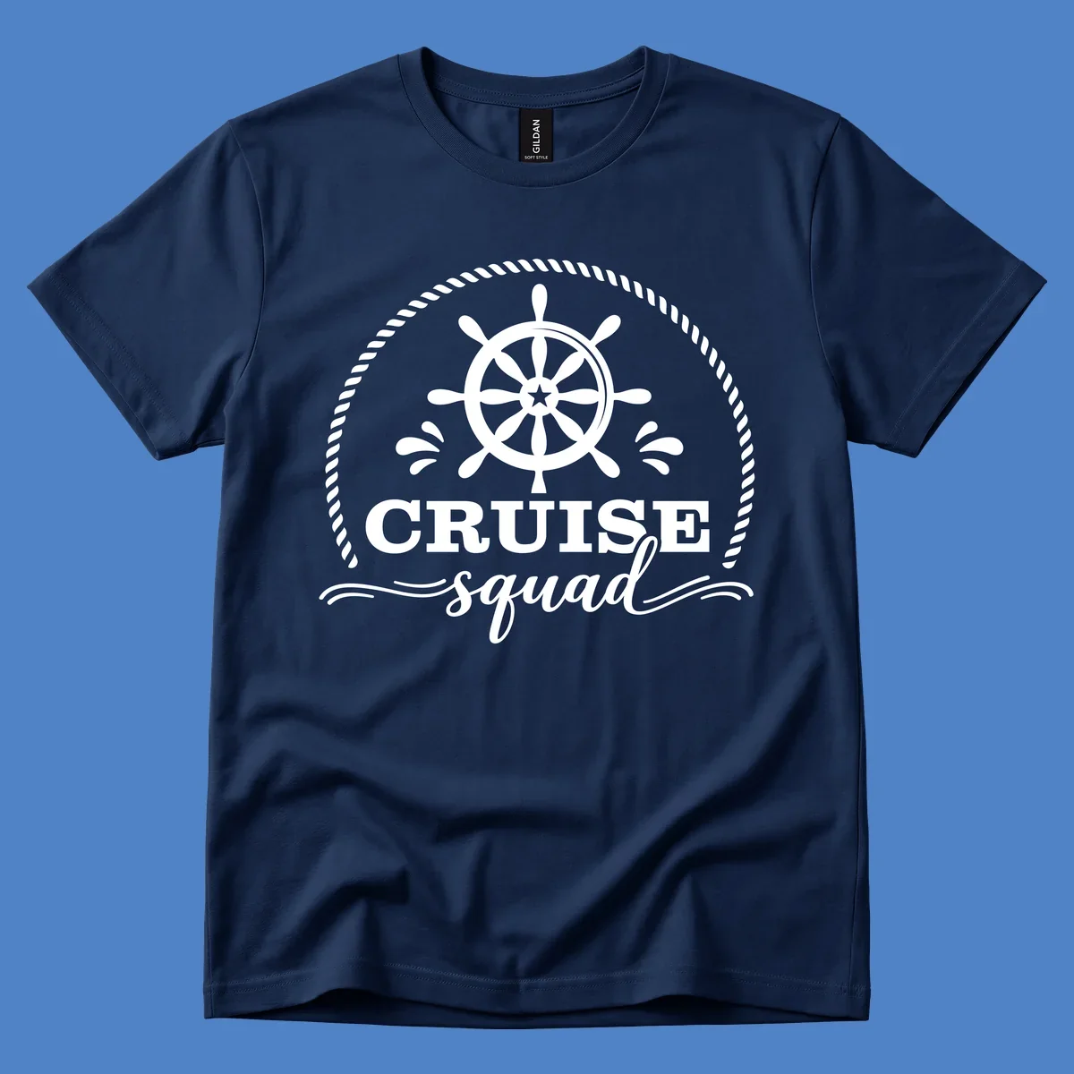 Cruise squad nautical badge with ship's wheel, rope border, and water splashes on gray background