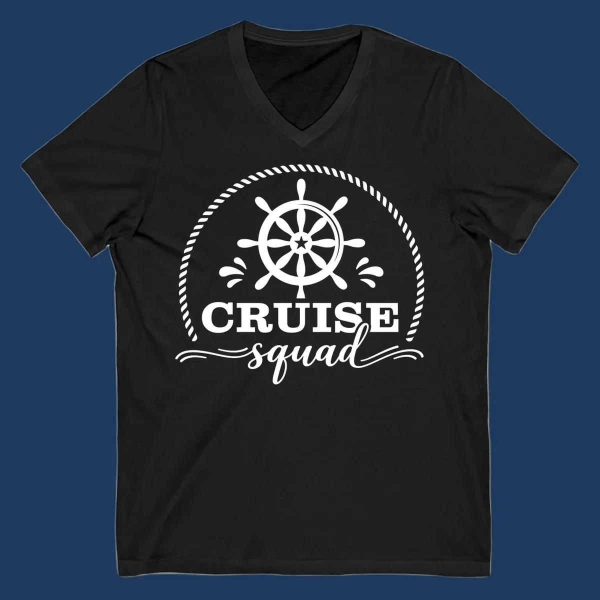 Cruise squad nautical badge with ship's wheel, rope border, and water splashes on gray background