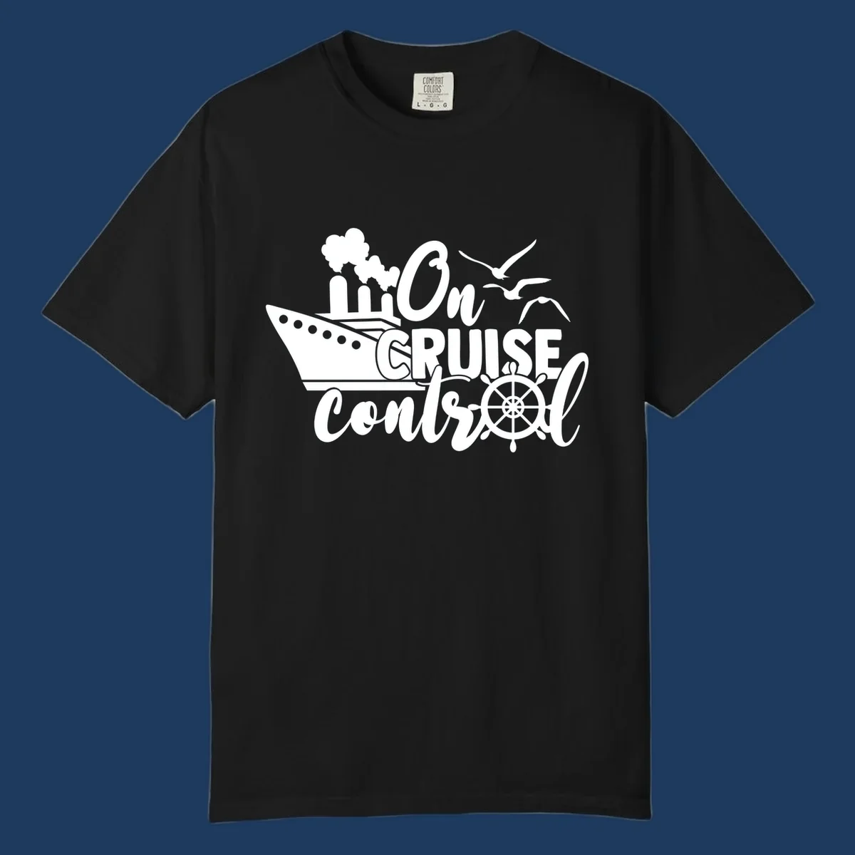 White nautical design with cruise ship, ship's wheel, seagulls, and 'On Cruise Control' text on gray background