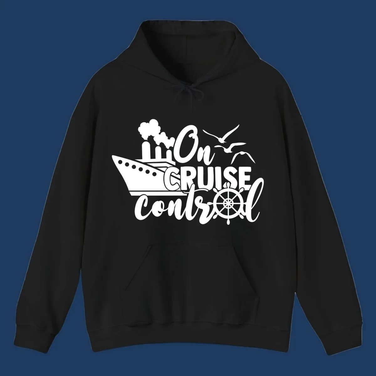 White nautical design with cruise ship, ship's wheel, seagulls, and 'On Cruise Control' text on gray background