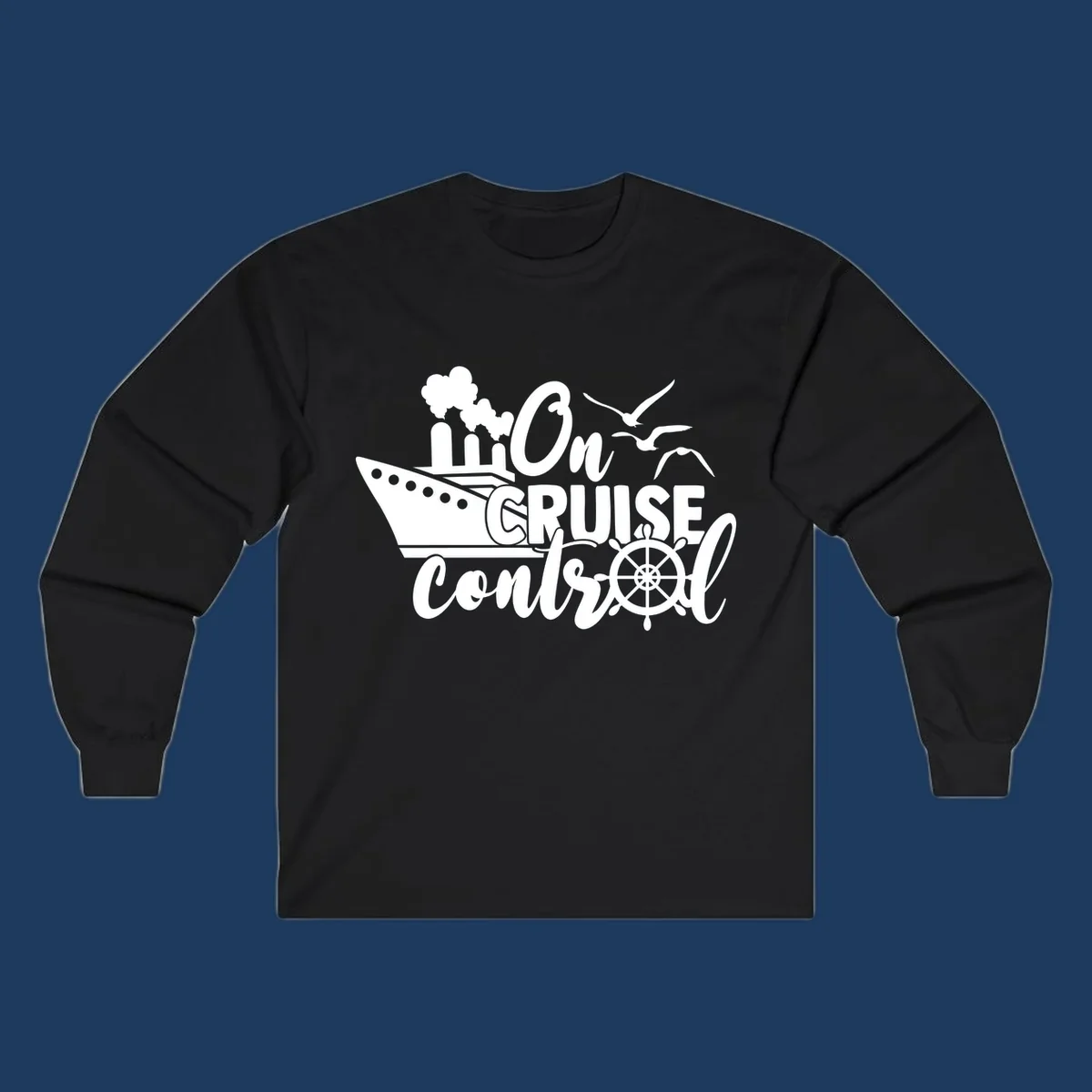 White nautical design with cruise ship, ship's wheel, seagulls, and 'On Cruise Control' text on gray background