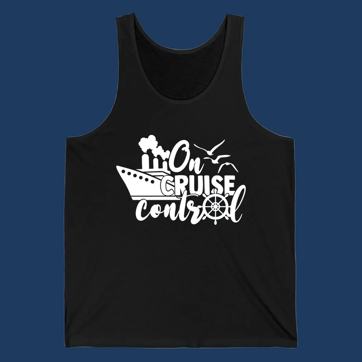 White nautical design with cruise ship, ship's wheel, seagulls, and 'On Cruise Control' text on gray background