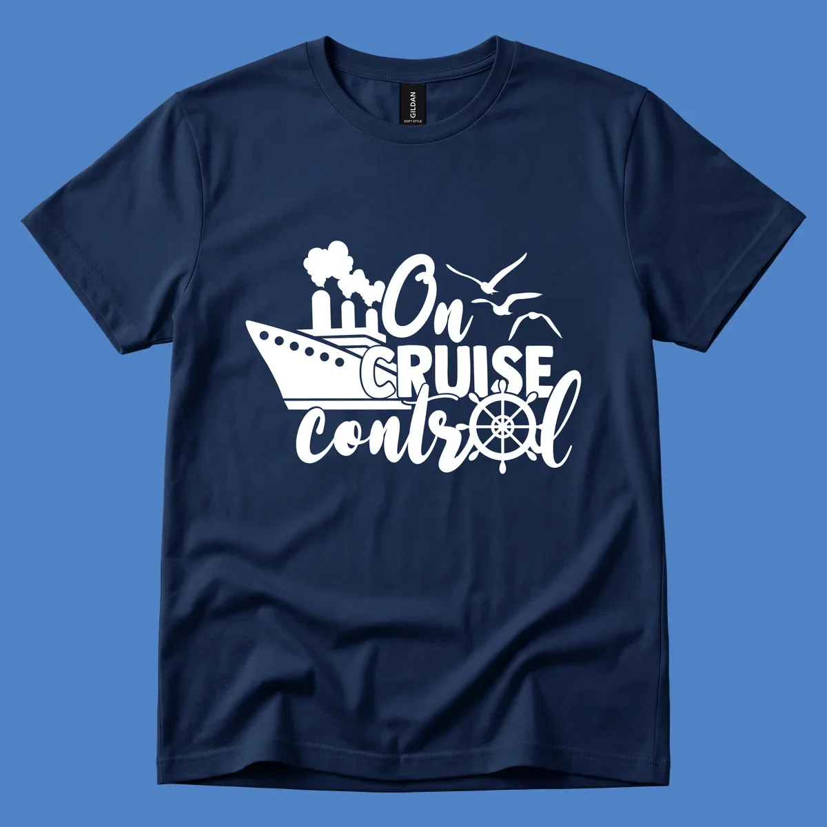 White nautical design with cruise ship, ship's wheel, seagulls, and 'On Cruise Control' text on gray background