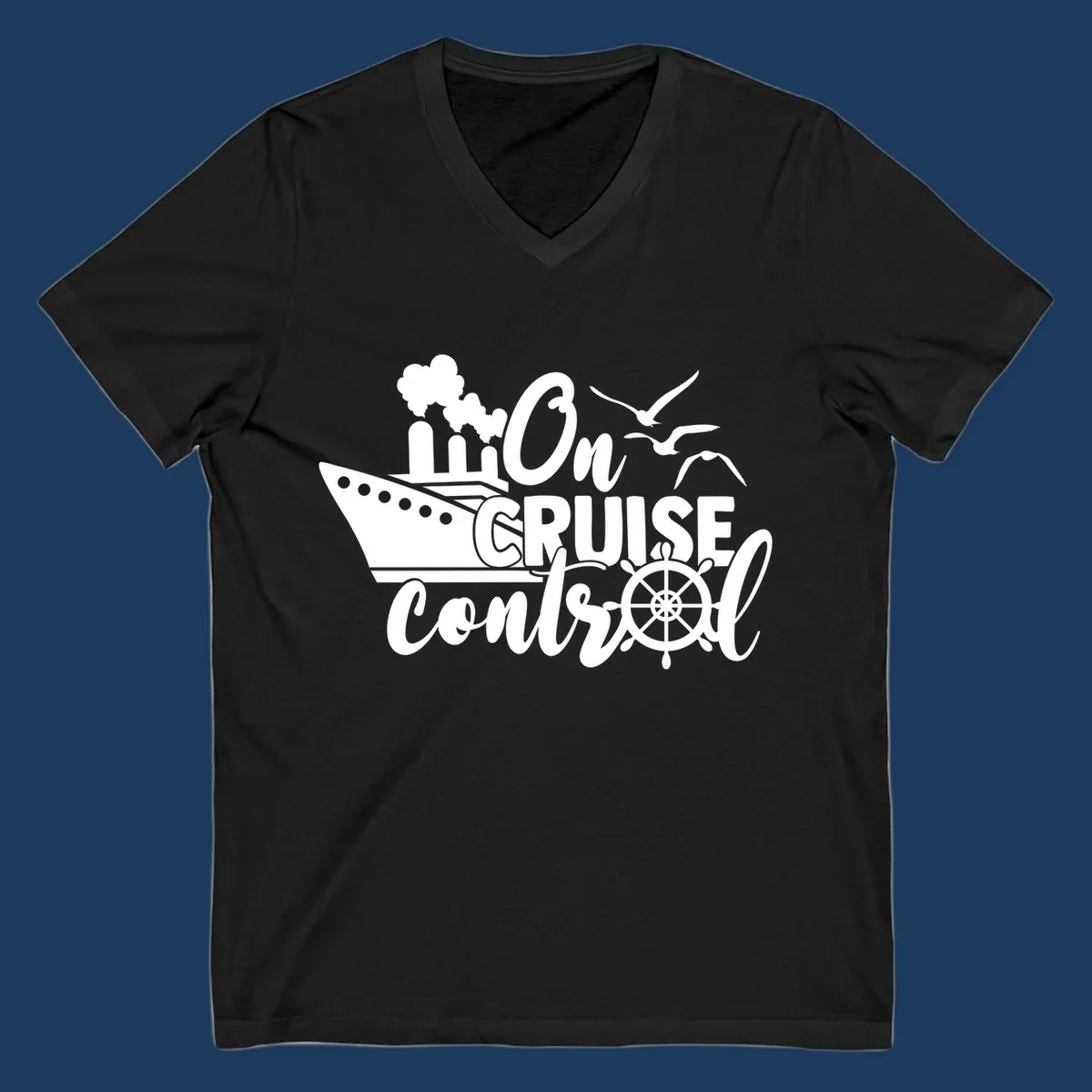 White nautical design with cruise ship, ship's wheel, seagulls, and 'On Cruise Control' text on gray background