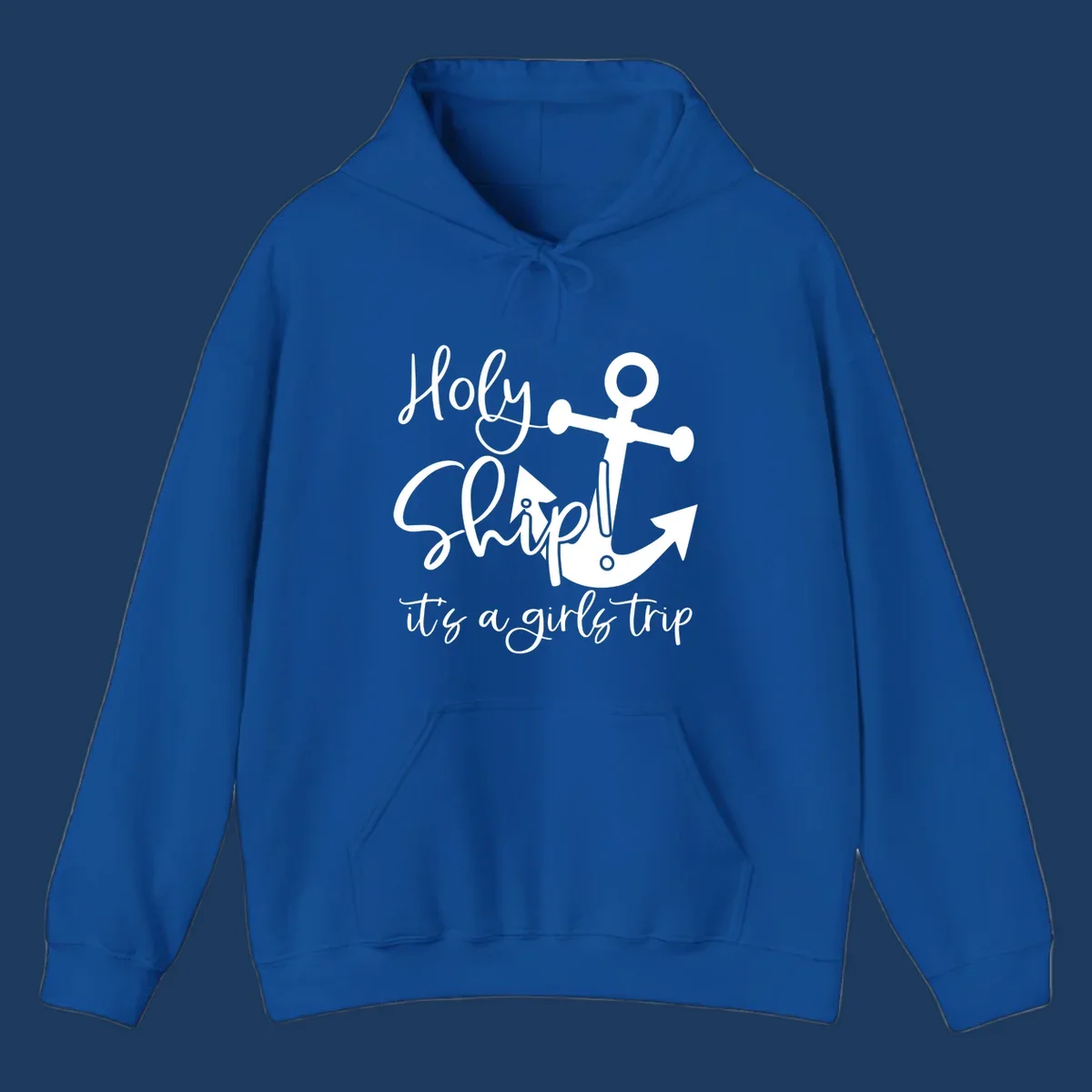White nautical design with anchor and ship's wheel featuring 'Holy Ship it's a girls trip' text on gray background