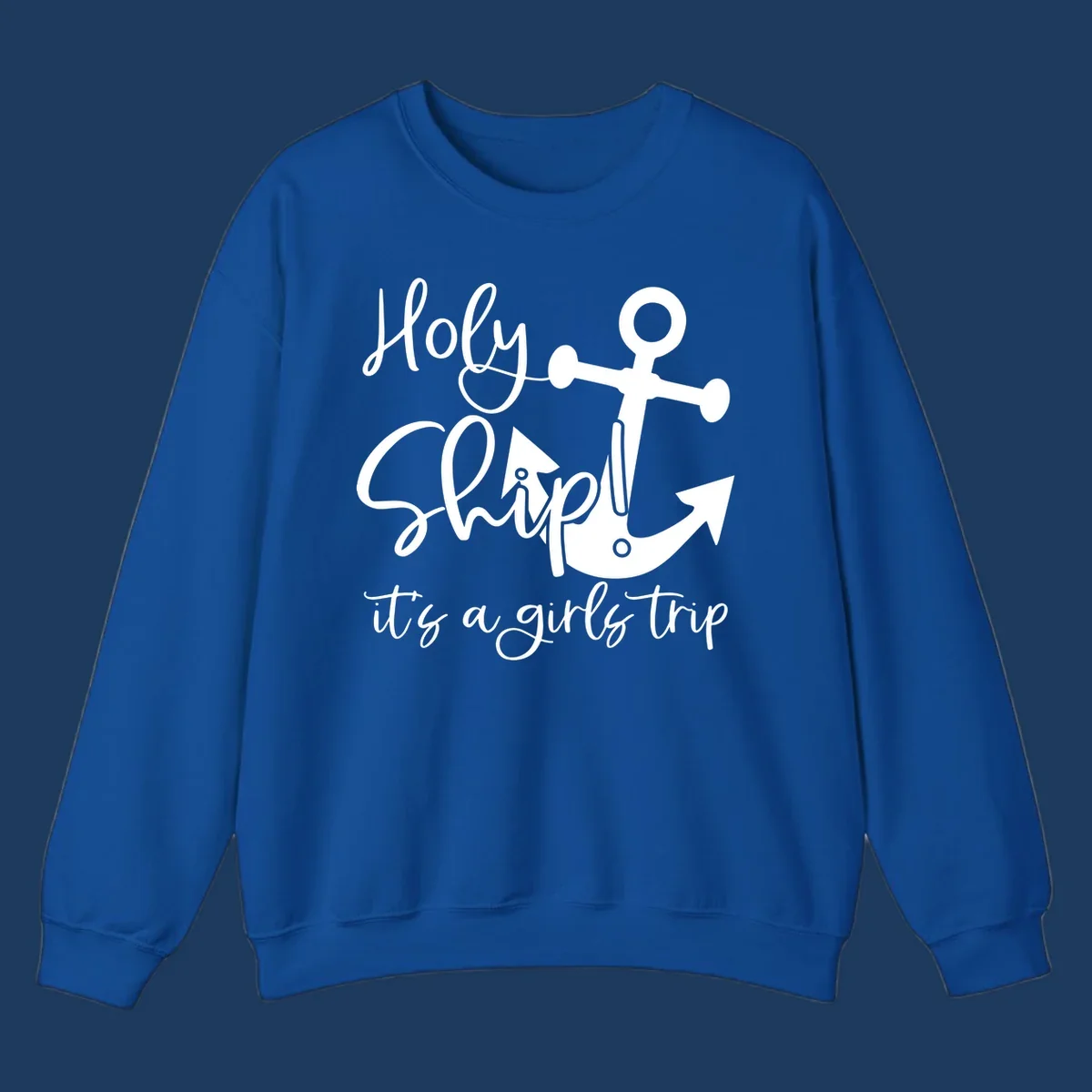 White nautical design with anchor and ship's wheel featuring 'Holy Ship it's a girls trip' text on gray background