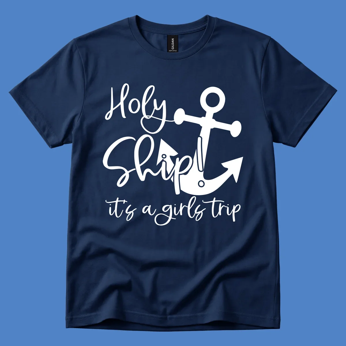 White nautical design with anchor and ship's wheel featuring 'Holy Ship it's a girls trip' text on gray background