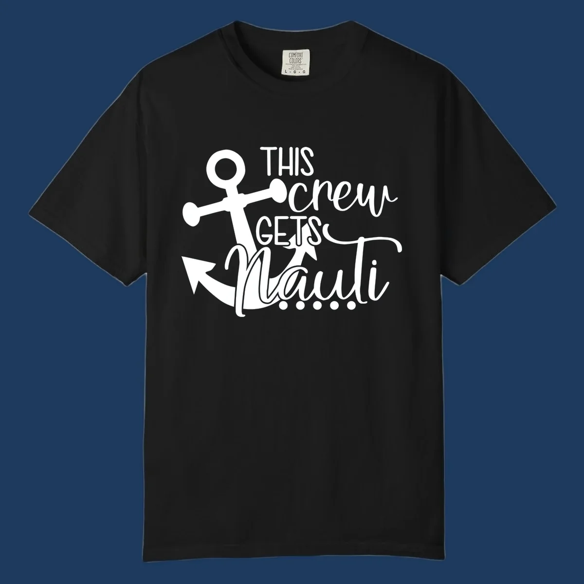 White anchor graphic with 'This Crew Gets Maui' text in casual nautical typography on gray background