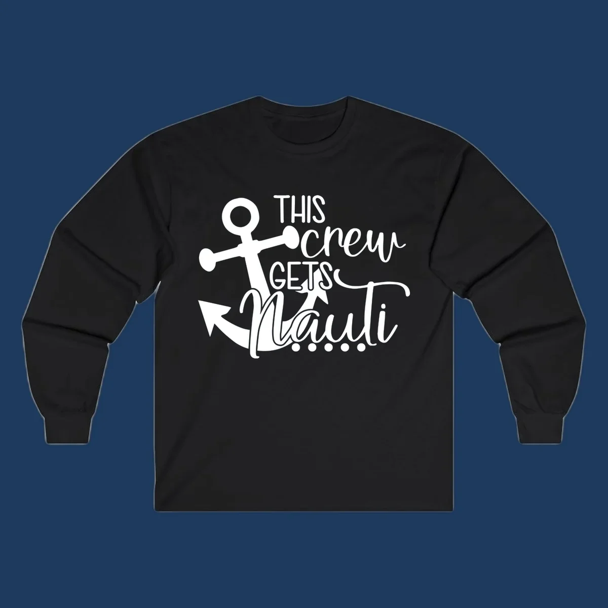 White anchor graphic with 'This Crew Gets Maui' text in casual nautical typography on gray background
