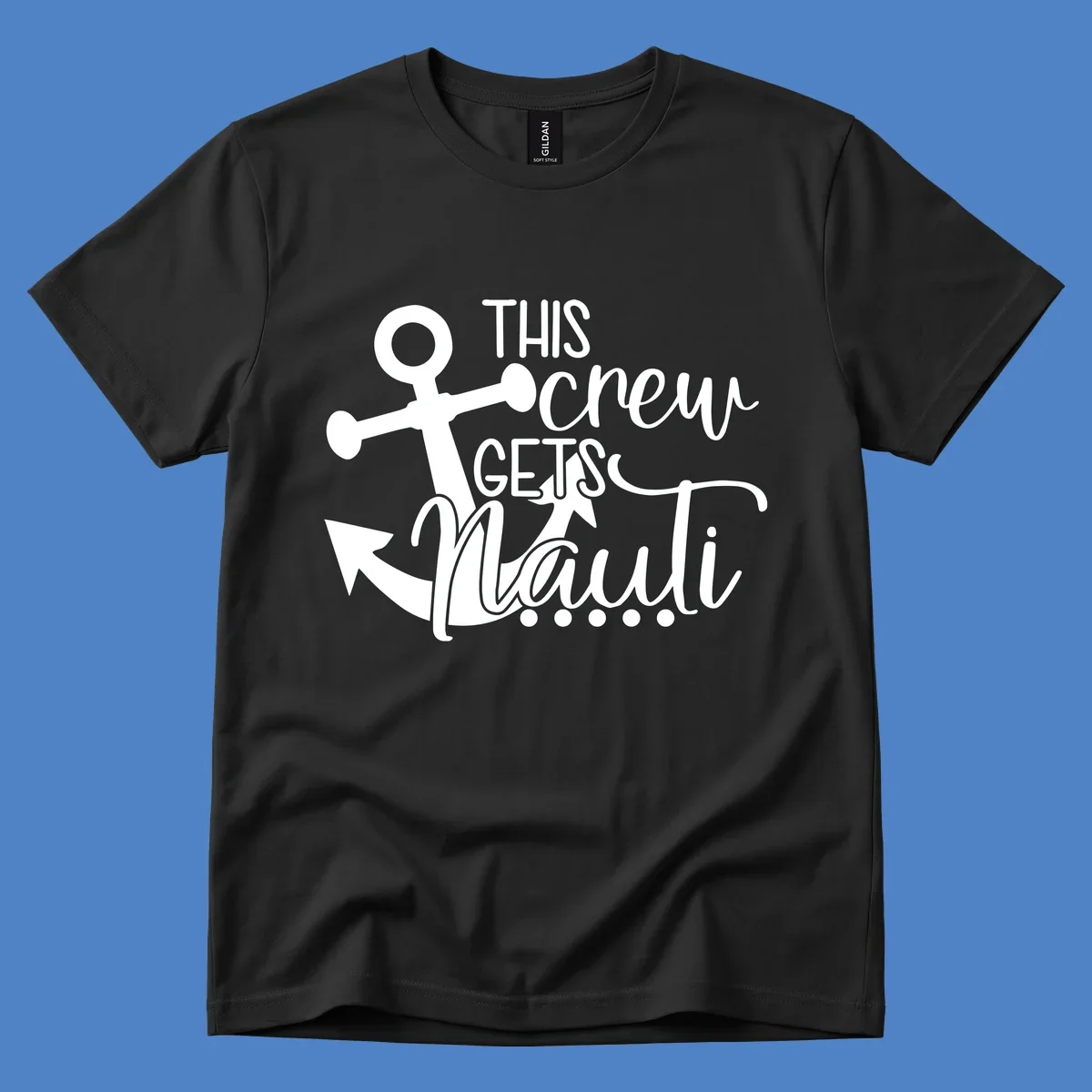 White anchor graphic with 'This Crew Gets Maui' text in casual nautical typography on gray background