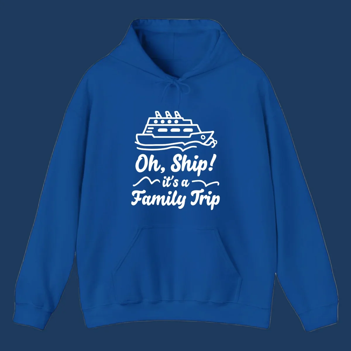 Cruise ship illustration above text reading 'Oh, Ship! it's a Family Trip' with ocean waves for a funny family cruise design