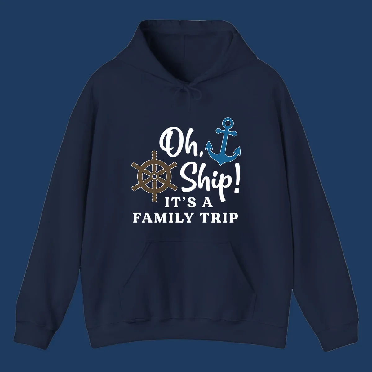 Oh Ship Family Trip design with ship wheel and anchor nautical symbols and humorous cruise vacation text