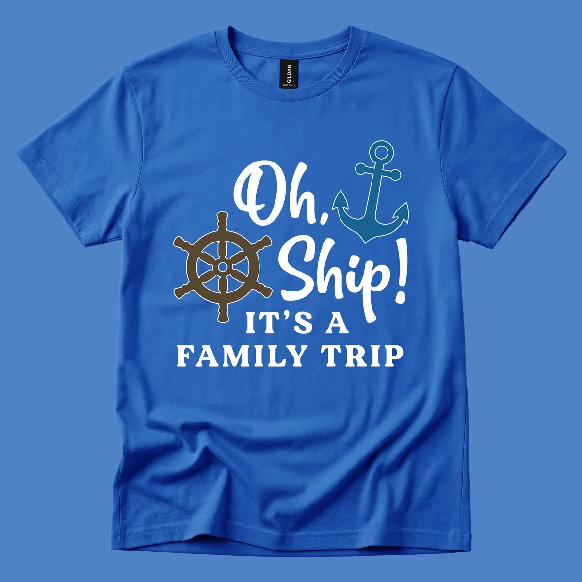 Oh Ship Family Trip design with ship wheel and anchor nautical symbols and humorous cruise vacation text