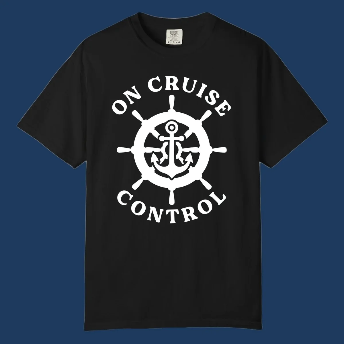 White anchor and ship's wheel badge with 'On Cruise Control' text on gray background