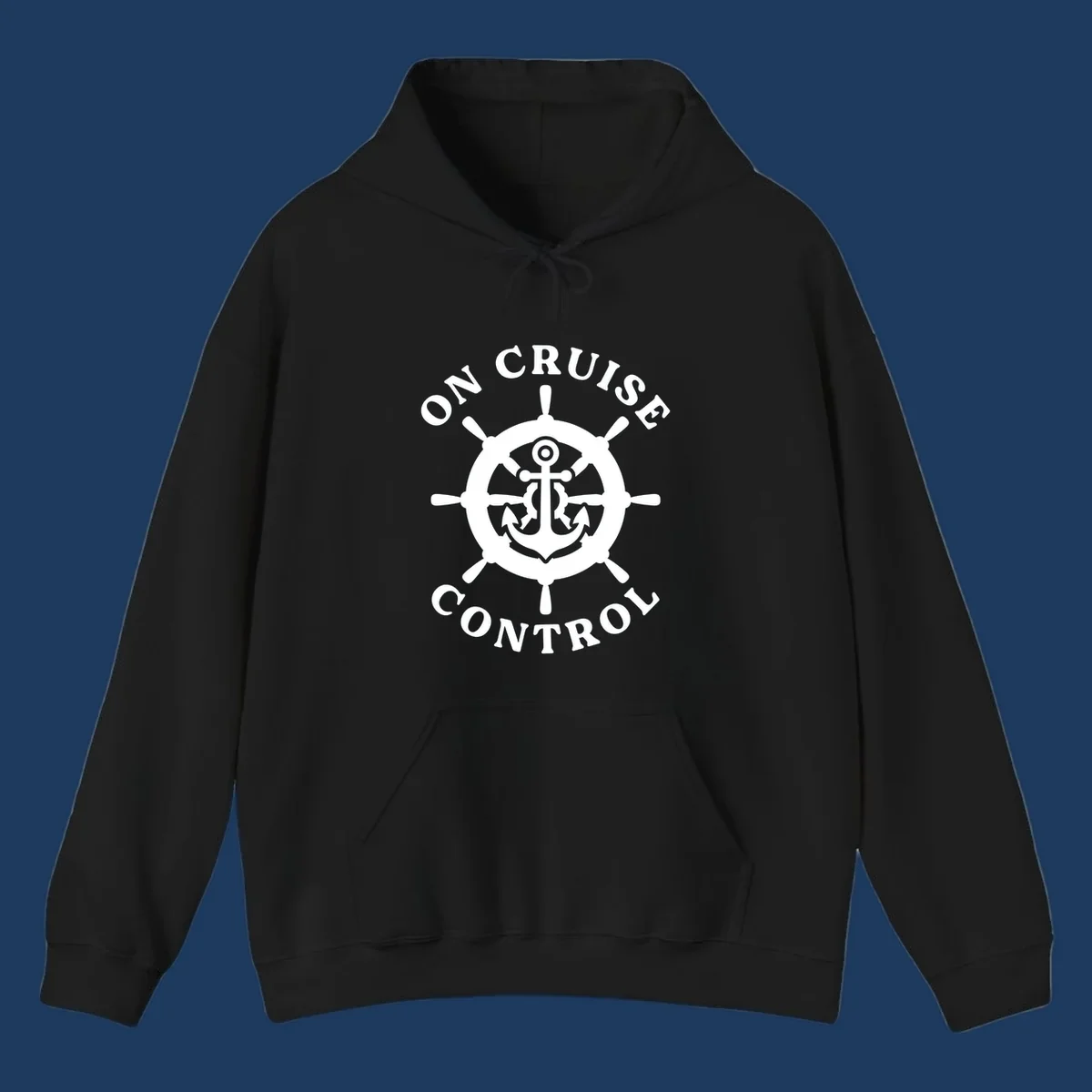 White anchor and ship's wheel badge with 'On Cruise Control' text on gray background