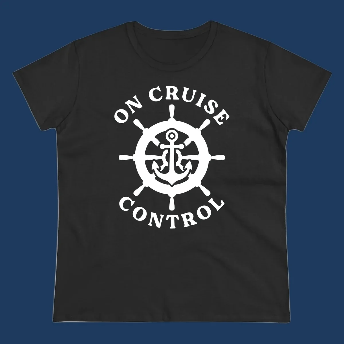 White anchor and ship's wheel badge with 'On Cruise Control' text on gray background