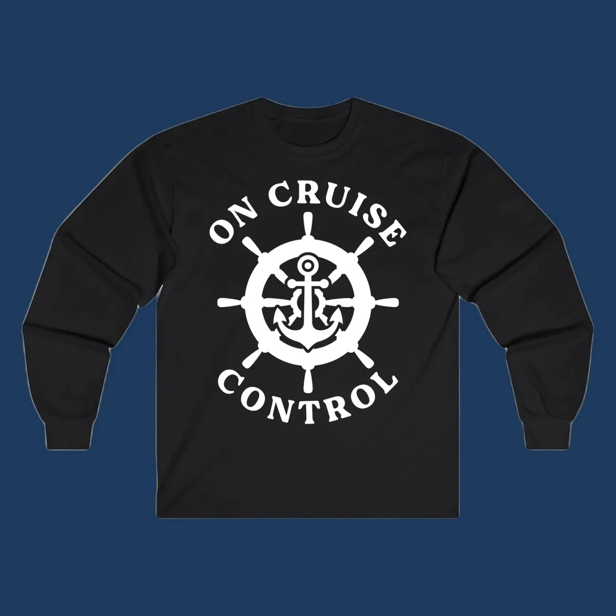 White anchor and ship's wheel badge with 'On Cruise Control' text on gray background