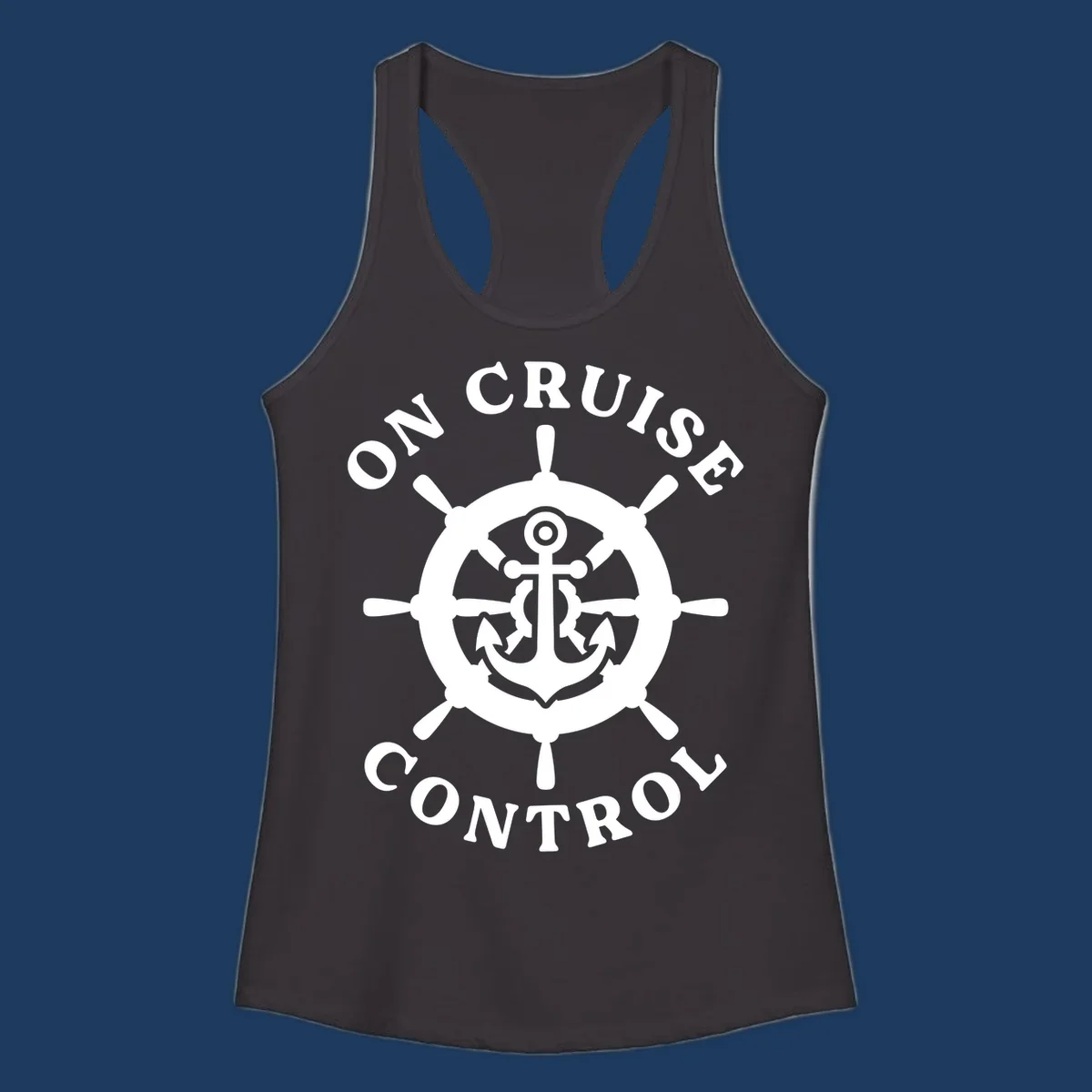 White anchor and ship's wheel badge with 'On Cruise Control' text on gray background