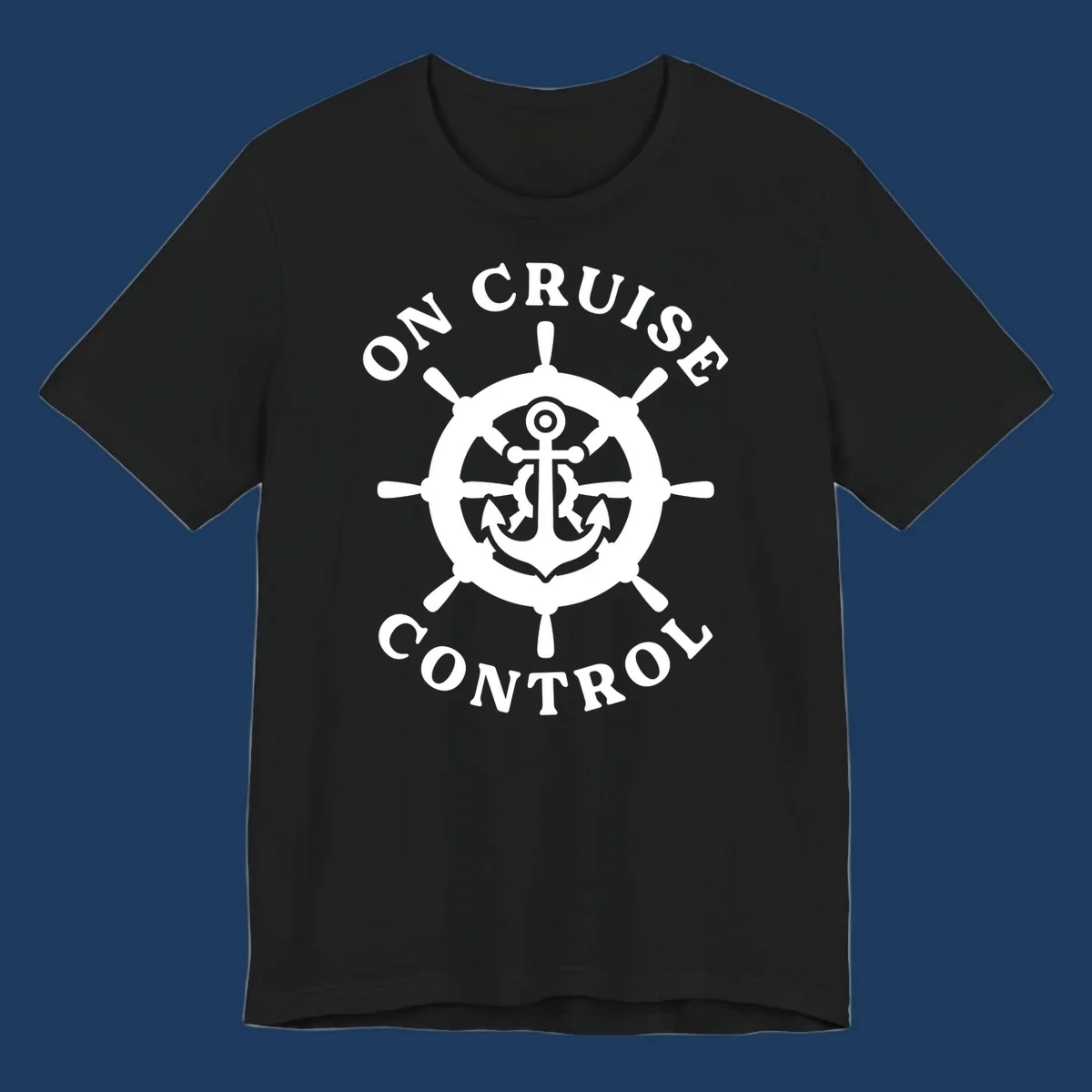 White anchor and ship's wheel badge with 'On Cruise Control' text on gray background