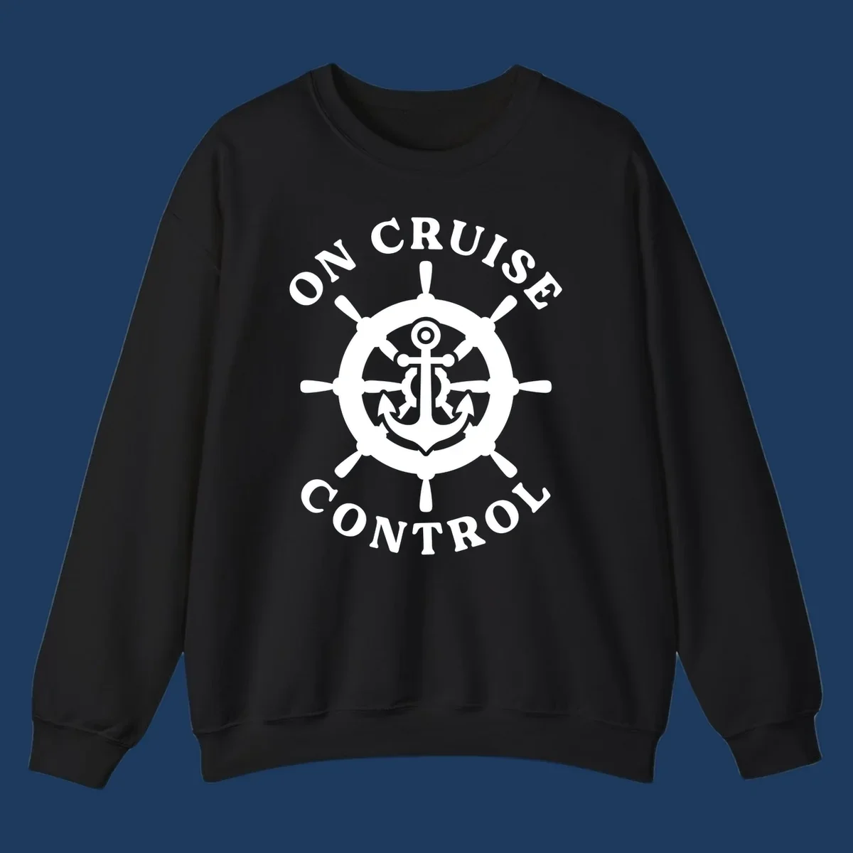 White anchor and ship's wheel badge with 'On Cruise Control' text on gray background