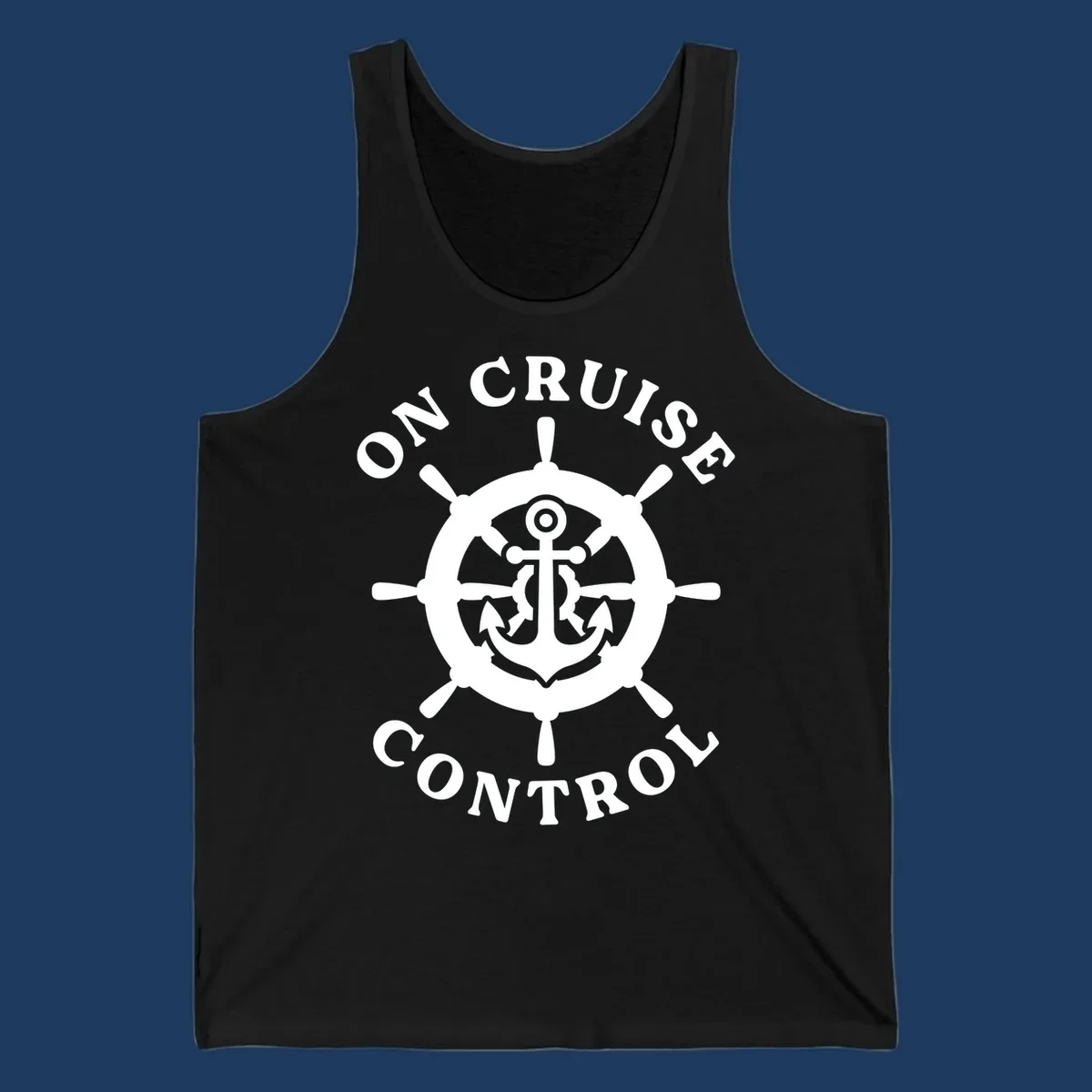 White anchor and ship's wheel badge with 'On Cruise Control' text on gray background