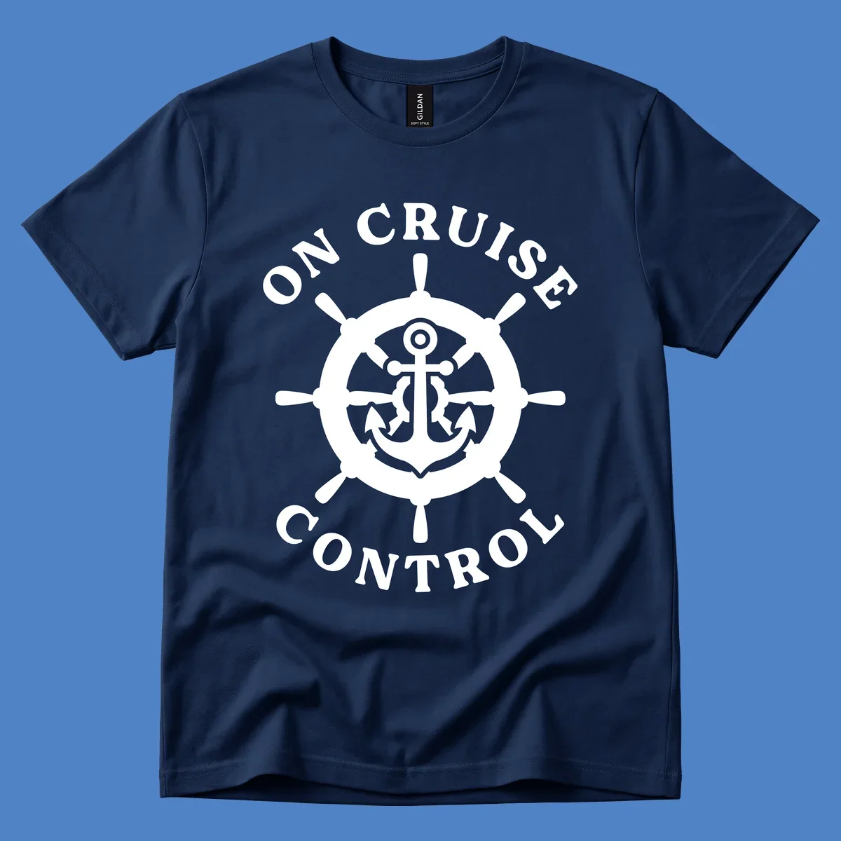 White anchor and ship's wheel badge with 'On Cruise Control' text on gray background