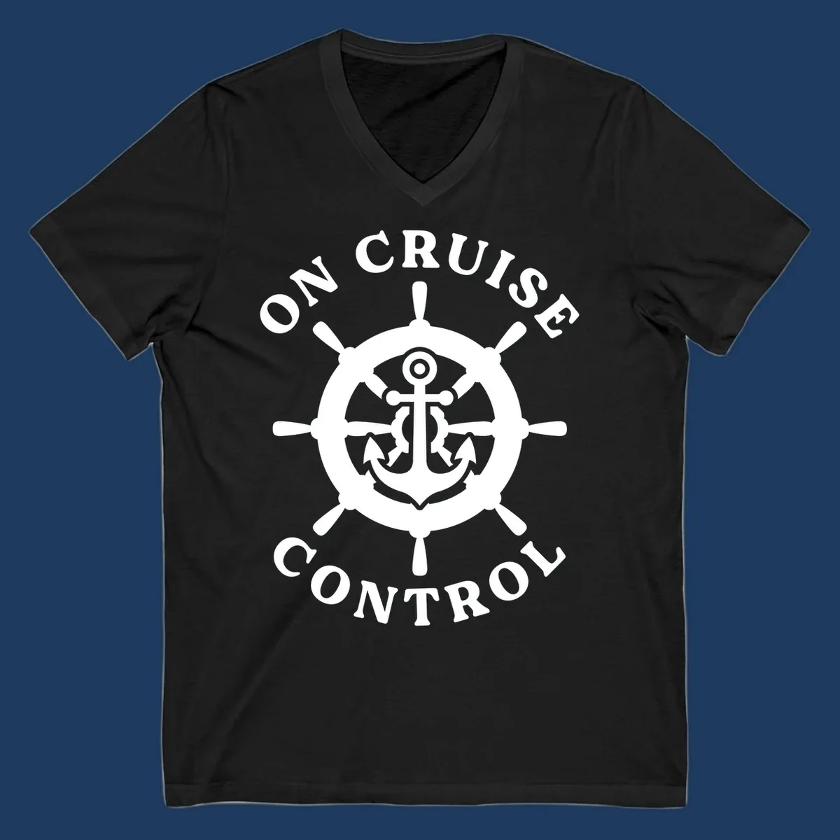 White anchor and ship's wheel badge with 'On Cruise Control' text on gray background