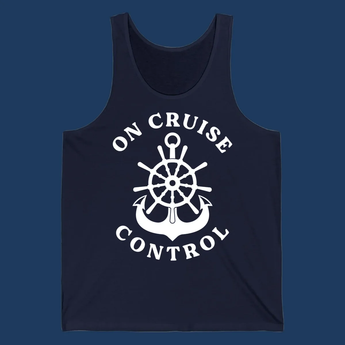 On cruise control nautical badge with ship wheel, anchors, crown and shield design in white on gray background.