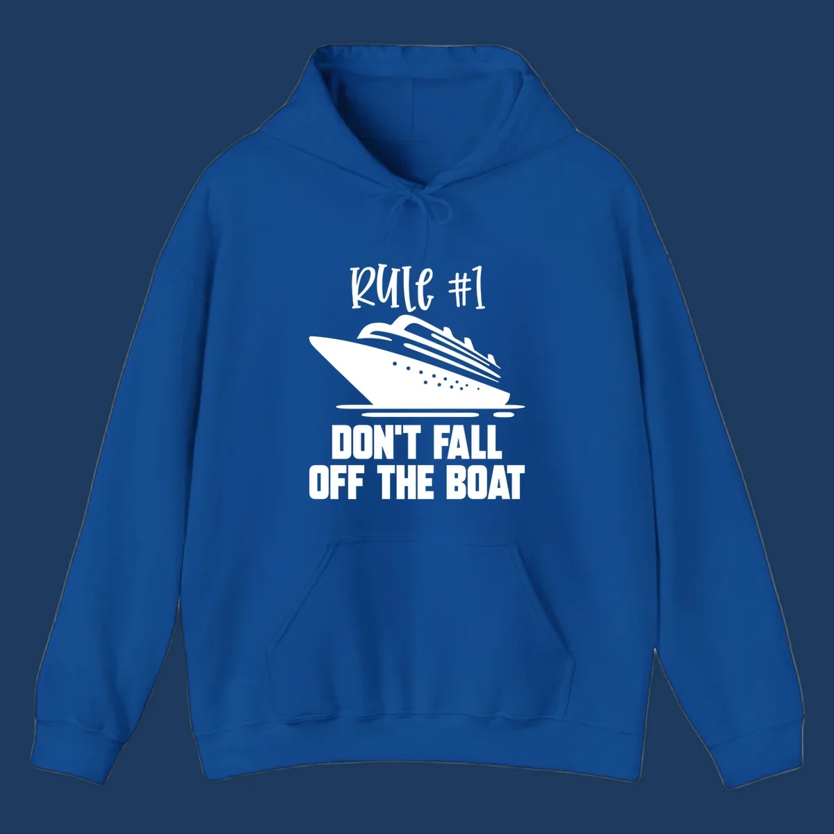 Illustration of a cruise ship with text reading 'Rule #1 Don't Fall Off The Boat' in white on gray background