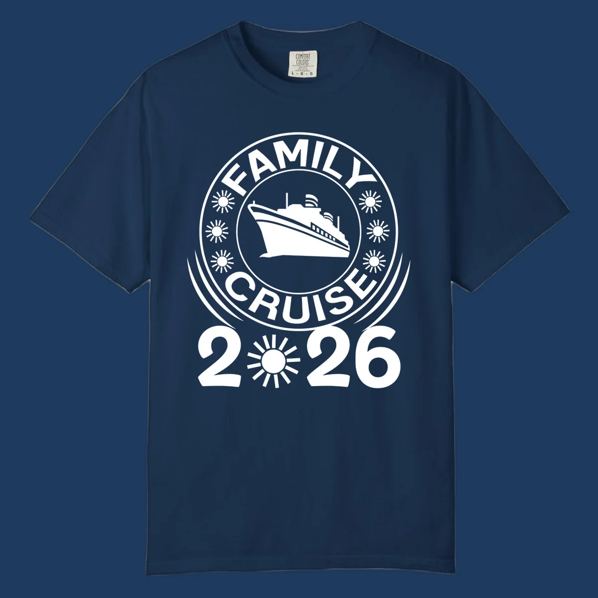 Family Cruise 2026 commemorative badge design with cruise ship and sun symbols