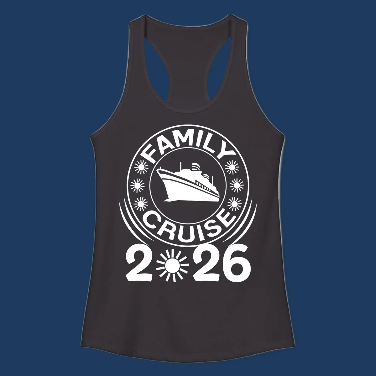 Family Cruise 2026 commemorative badge design with cruise ship and sun symbols