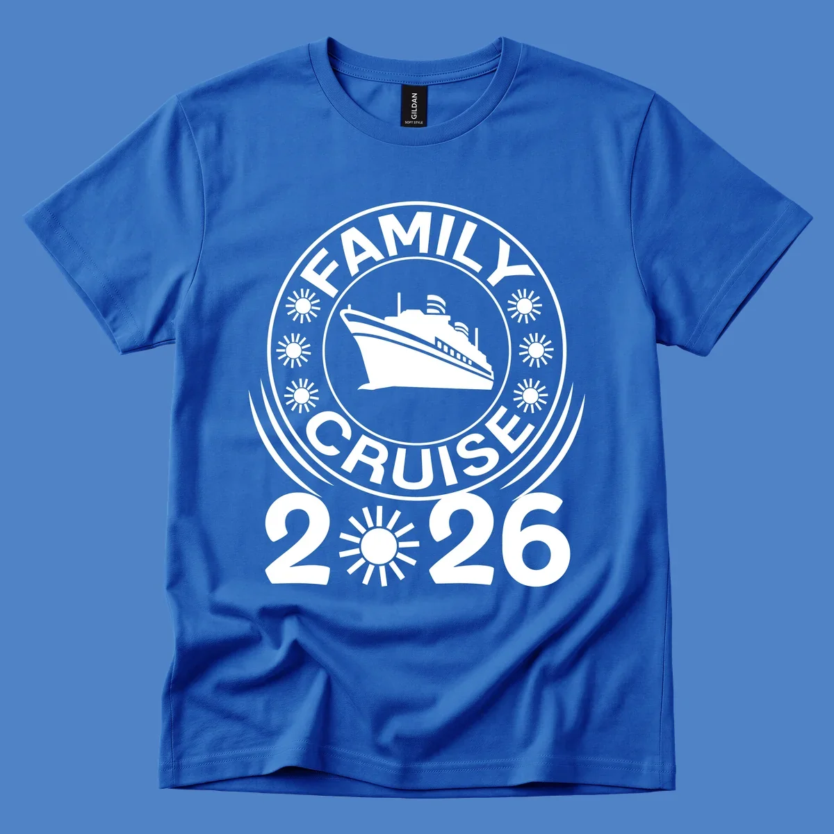 Family Cruise 2026 commemorative badge design with cruise ship and sun symbols