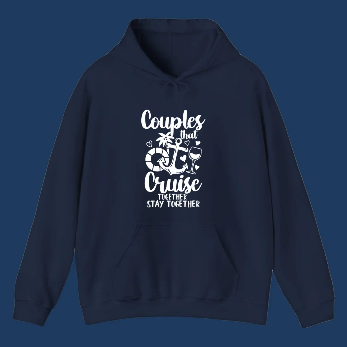 White nautical design with anchor, wine glass, palm tree, and hearts featuring text 'Couples that Cruise Together Stay Together' on gray background