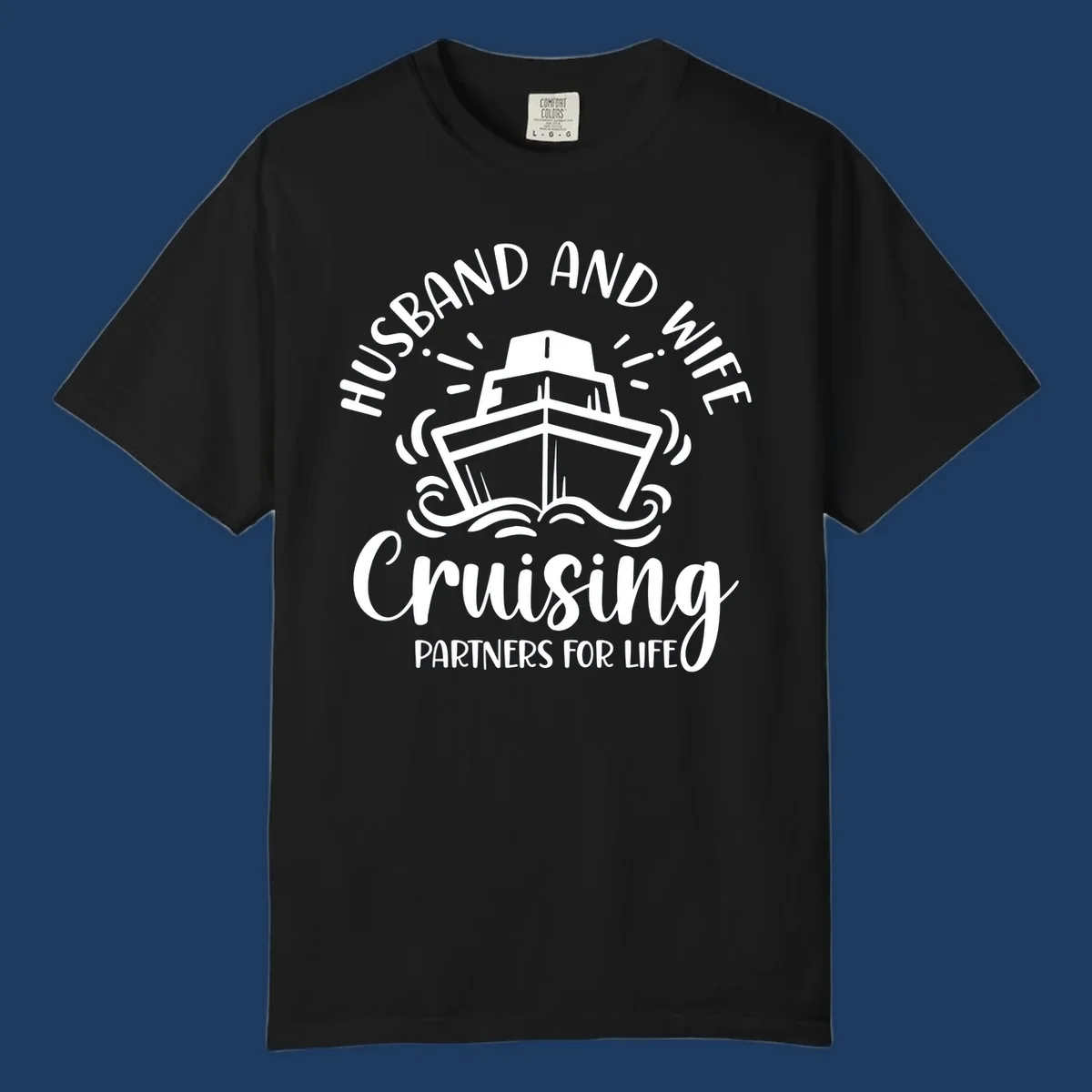Husband and wife cruising partners for life design with cruise ship and ocean waves illustration