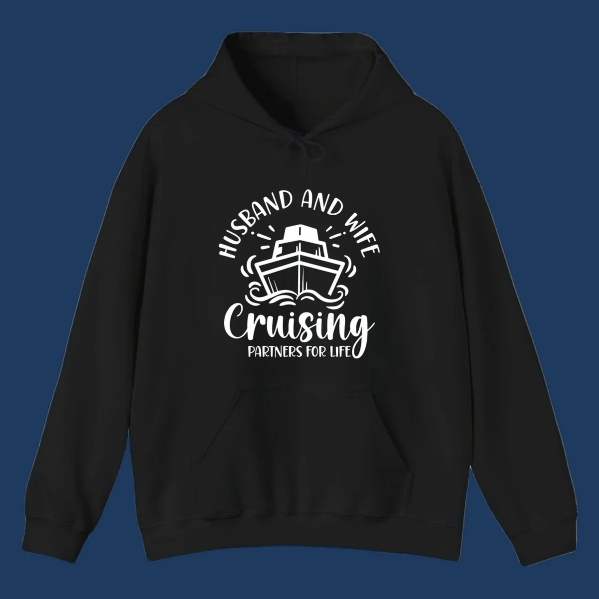 Husband and wife cruising partners for life design with cruise ship and ocean waves illustration