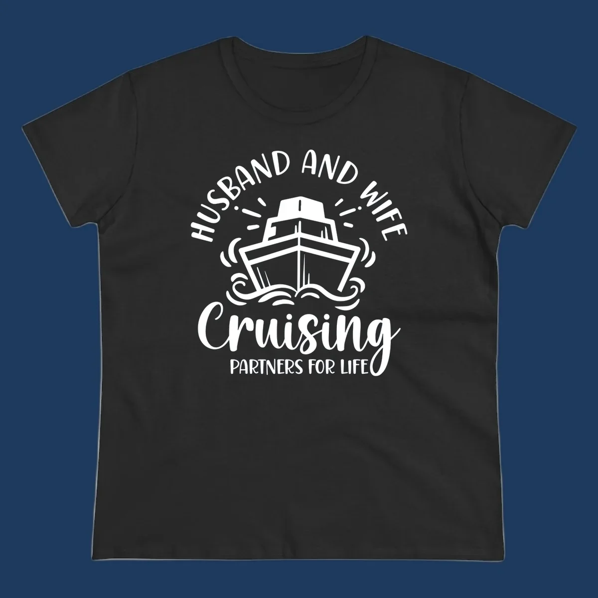 Husband and wife cruising partners for life design with cruise ship and ocean waves illustration