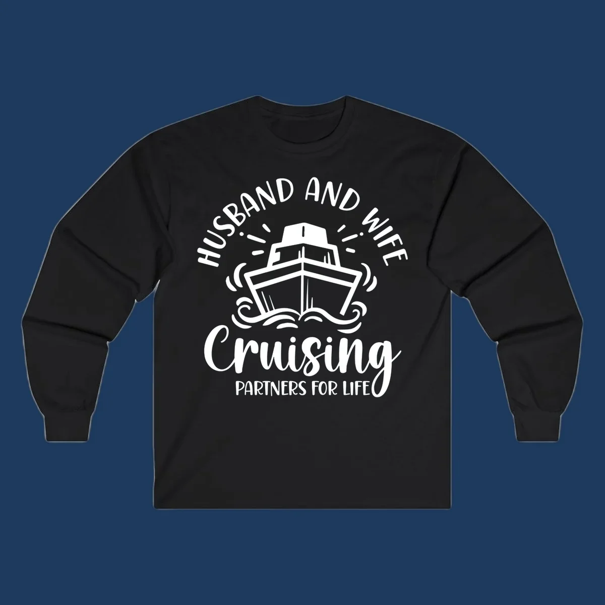 Husband and wife cruising partners for life design with cruise ship and ocean waves illustration