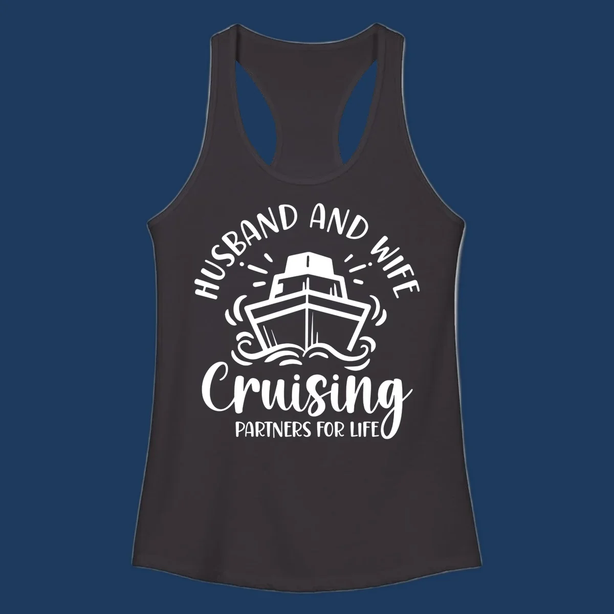 Husband and wife cruising partners for life design with cruise ship and ocean waves illustration