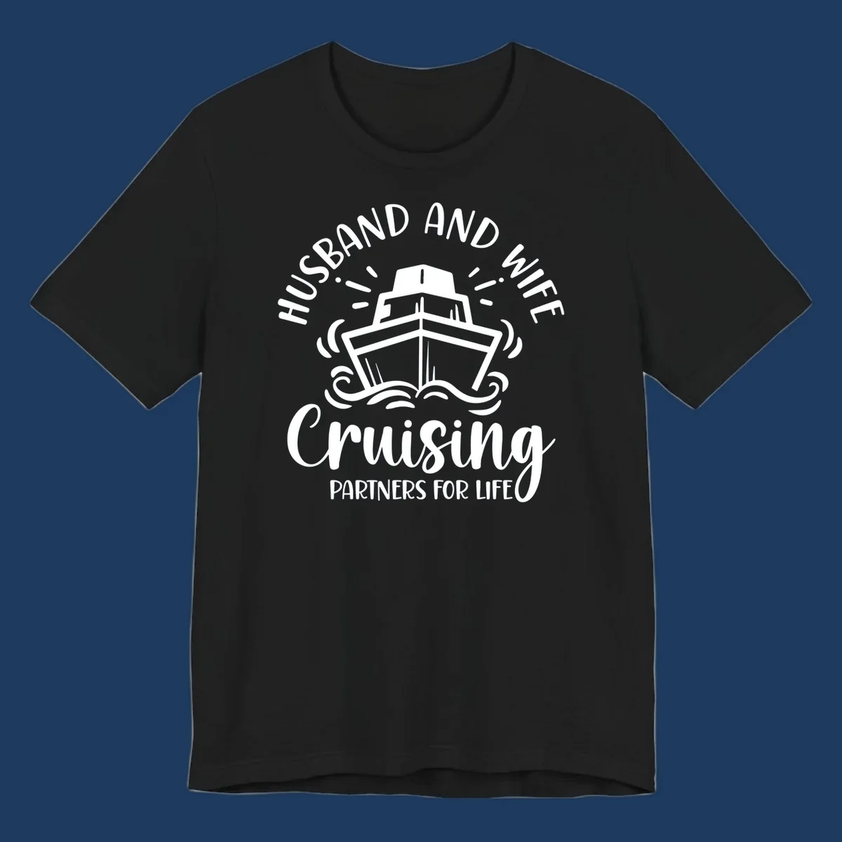 Husband and wife cruising partners for life design with cruise ship and ocean waves illustration