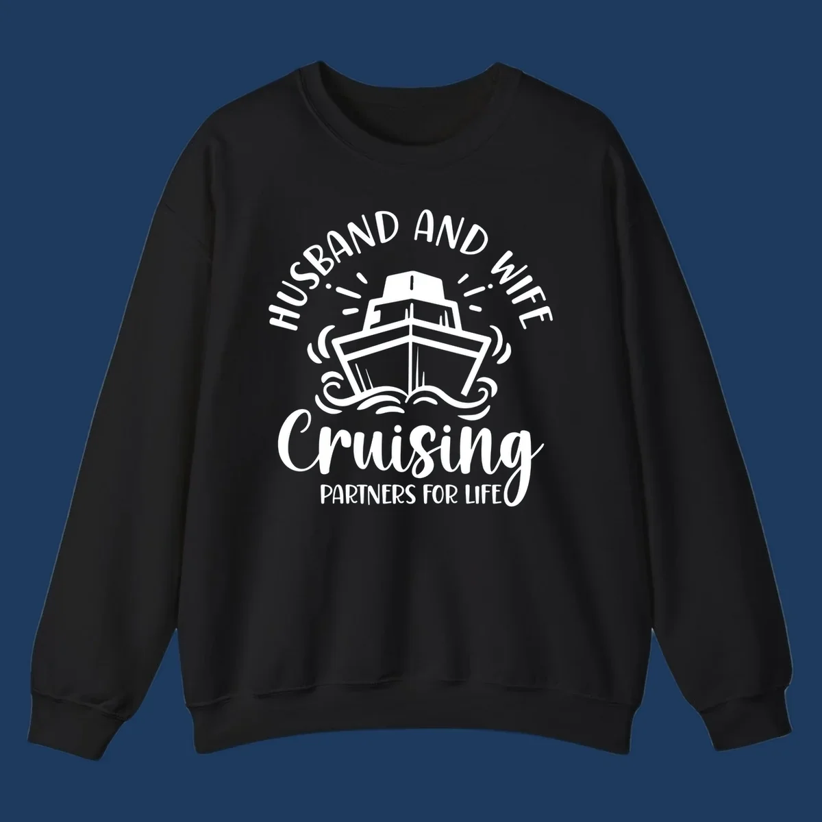 Husband and wife cruising partners for life design with cruise ship and ocean waves illustration