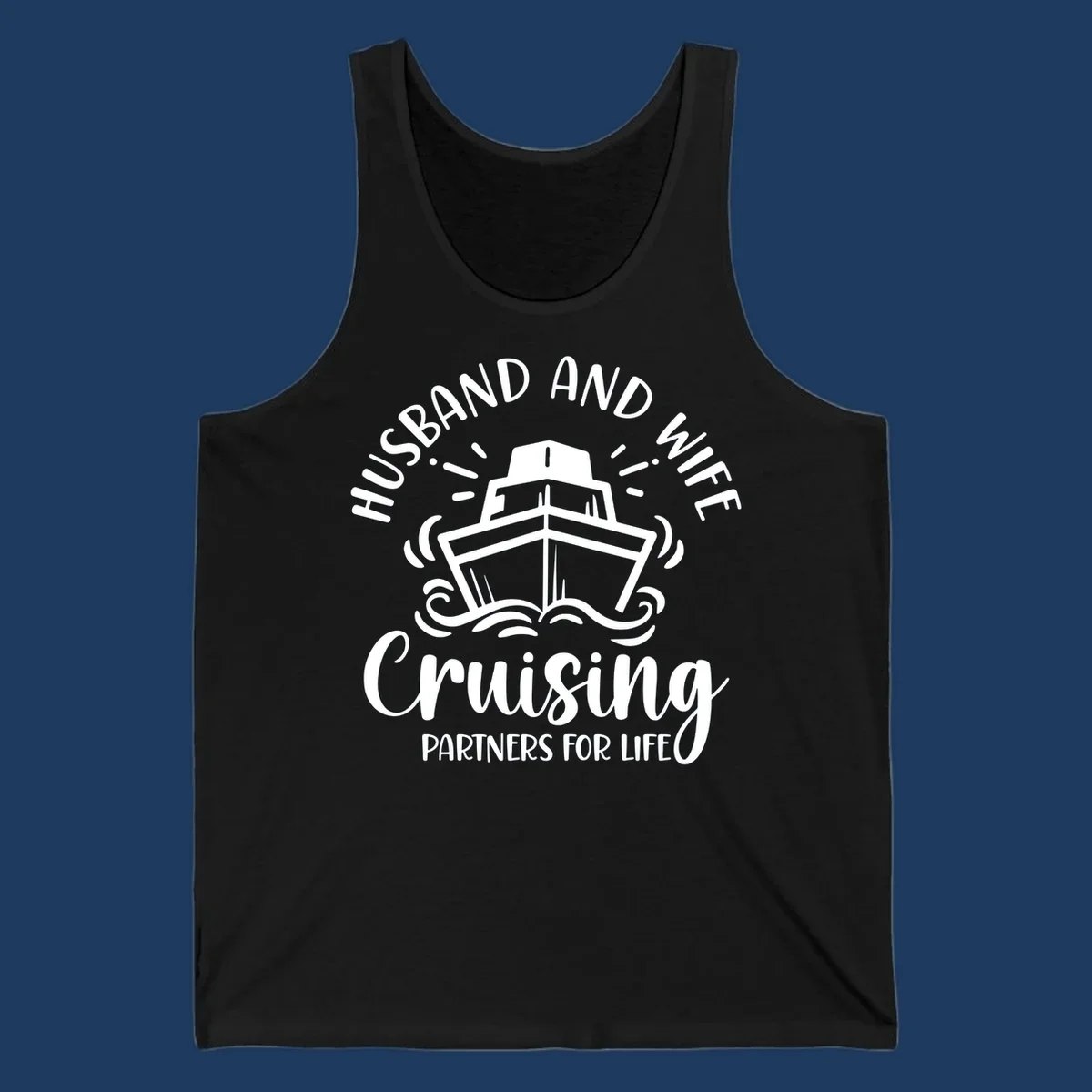 Husband and wife cruising partners for life design with cruise ship and ocean waves illustration