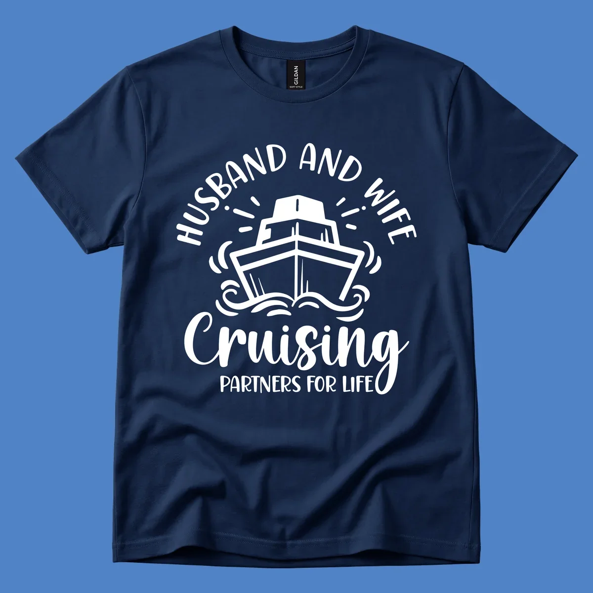 Husband and wife cruising partners for life design with cruise ship and ocean waves illustration