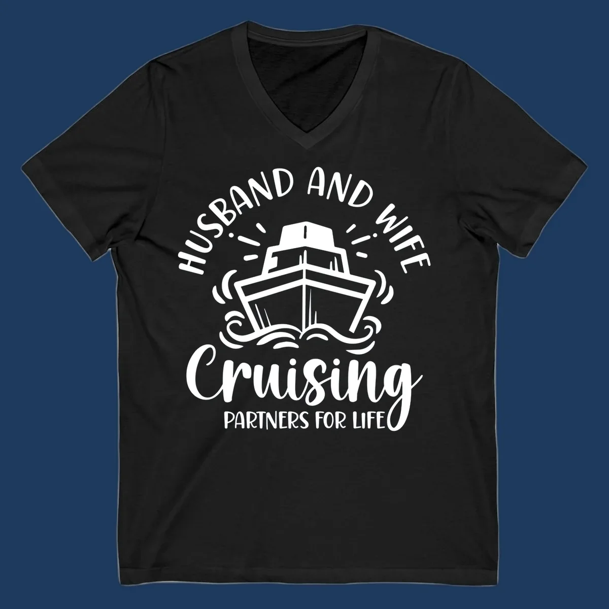 Husband and wife cruising partners for life design with cruise ship and ocean waves illustration