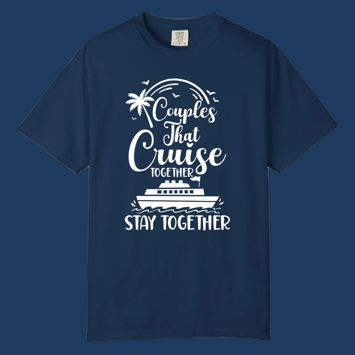 White illustration on gray background showing couples-cruise-together design with palm tree, cruise ship, waves, and seagulls